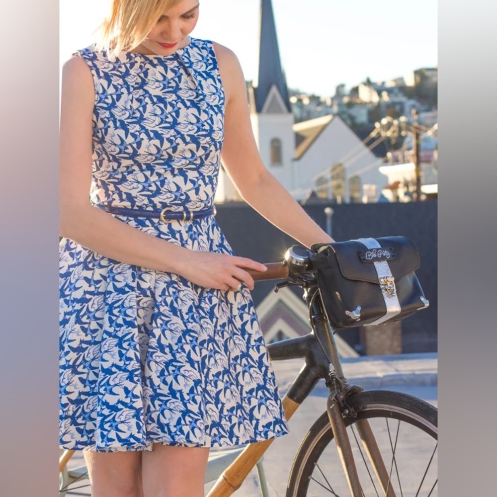 Closet Blue & White Bird Print Midi Fit-and-Flare Dress